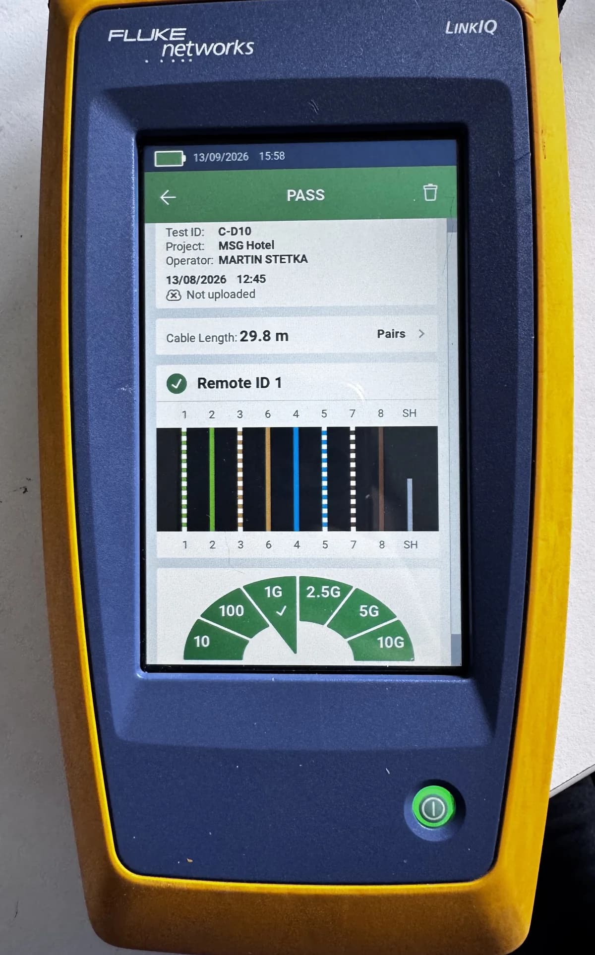 Fluke LinkIQ showing a final passing 29.8 metre copper-link verification result