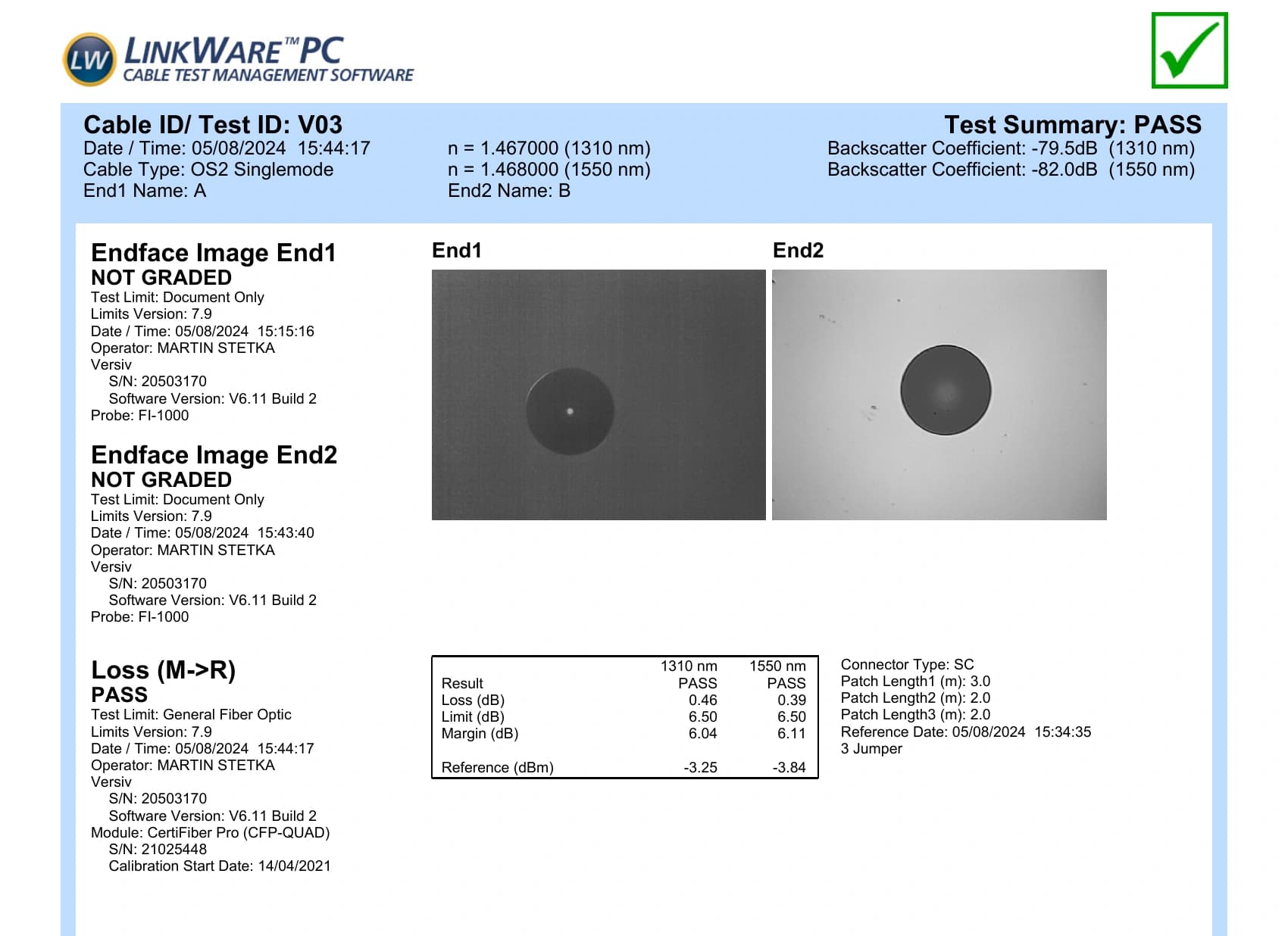 Representative V03 fibre-link report showing documented PASS optical-loss results at 1310 and 1550 nanometres